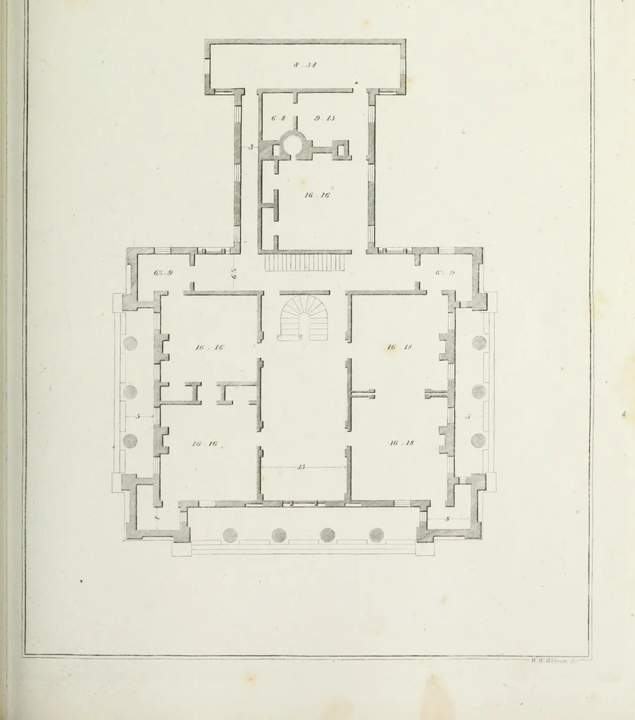 An illustration from The modern architect, or, Every carpenter his own master : embracing plans, elevations, specifications, framing, etc., for private houses, classic dwellings, churches, &c., to which added the new system of stair-building, 1855, leaf 212
