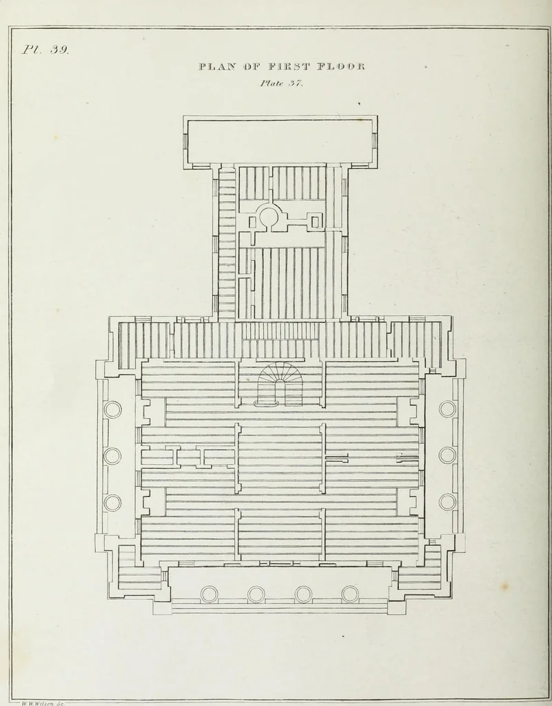 An illustration from The modern architect, or, Every carpenter his own master : embracing plans, elevations, specifications, framing, etc., for private houses, classic dwellings, churches, &c., to which added the new system of stair-building, 1855, leaf 215