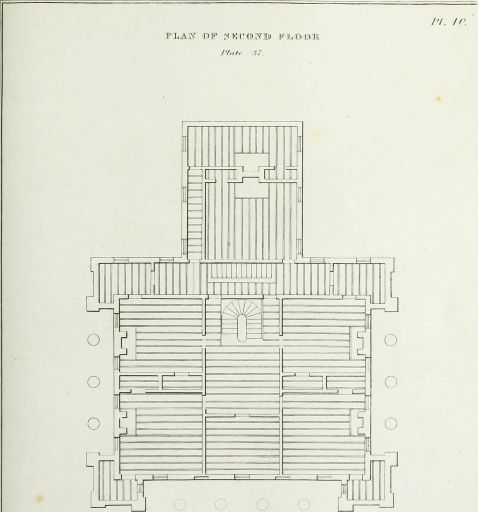 An illustration from The modern architect, or, Every carpenter his own master : embracing plans, elevations, specifications, framing, etc., for private houses, classic dwellings, churches, &c., to which added the new system of stair-building, 1855, leaf 216