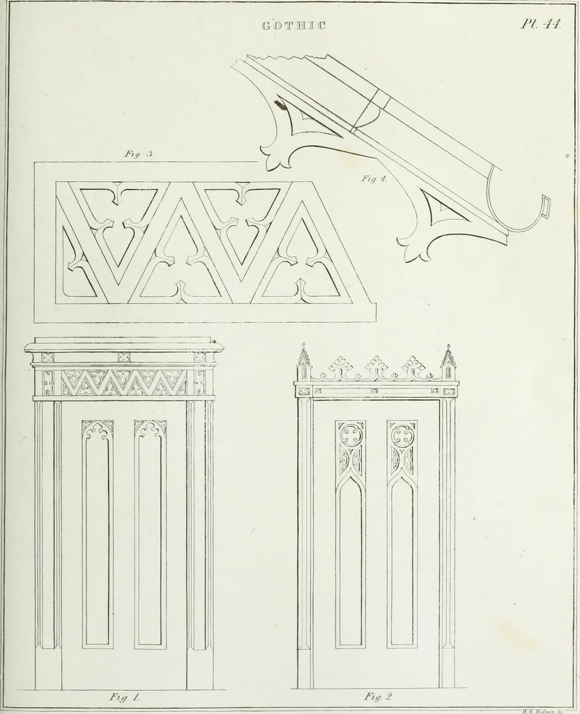 An illustration from The modern architect, or, Every carpenter his own master : embracing plans, elevations, specifications, framing, etc., for private houses, classic dwellings, churches, &c., to which added the new system of stair-building, 1855, leaf 224