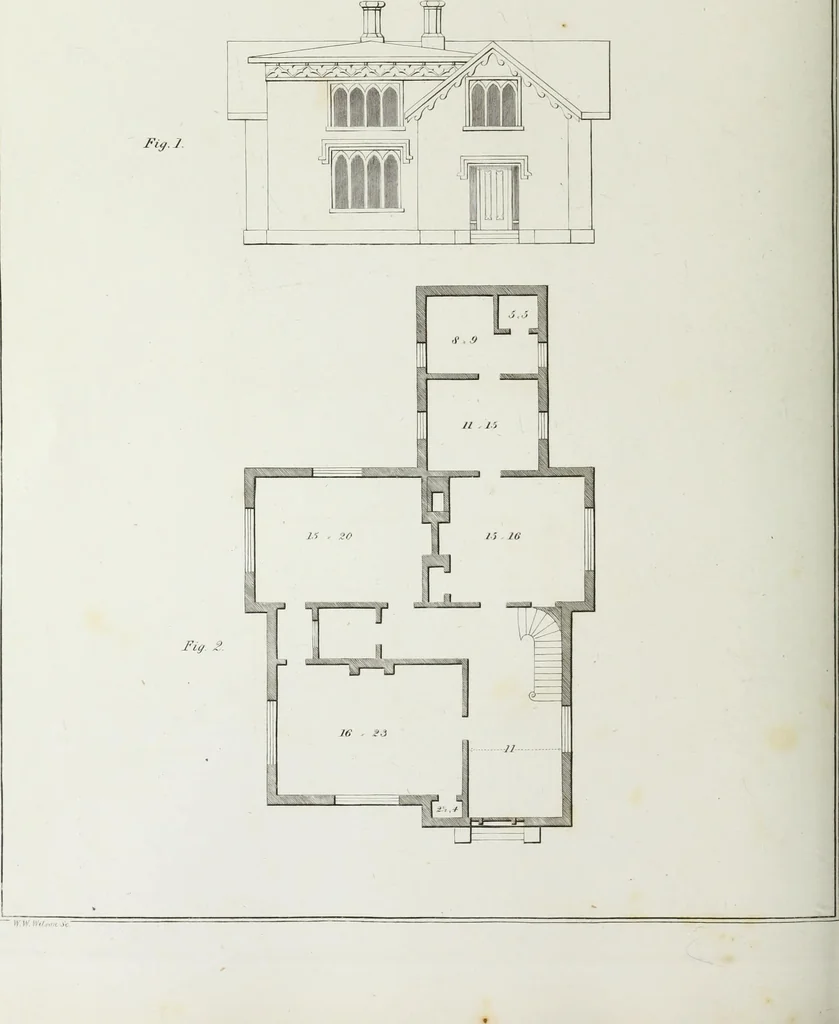 An illustration from The modern architect, or, Every carpenter his own master : embracing plans, elevations, specifications, framing, etc., for private houses, classic dwellings, churches, &c., to which added the new system of stair-building, 1855, leaf 227