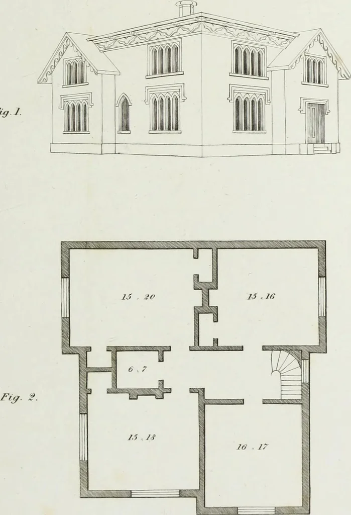 An illustration from The modern architect, or, Every carpenter his own master : embracing plans, elevations, specifications, framing, etc., for private houses, classic dwellings, churches, &c., to which added the new system of stair-building, 1855, leaf 228