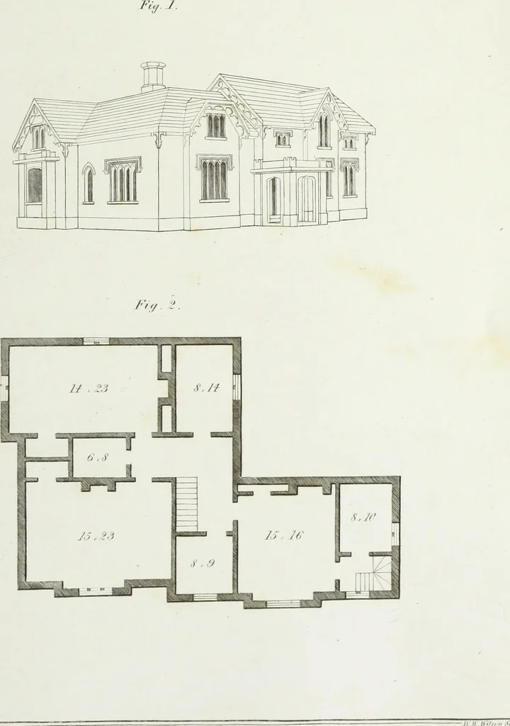 An illustration from The modern architect, or, Every carpenter his own master : embracing plans, elevations, specifications, framing, etc., for private houses, classic dwellings, churches, &c., to which added the new system of stair-building, 1855, leaf 232