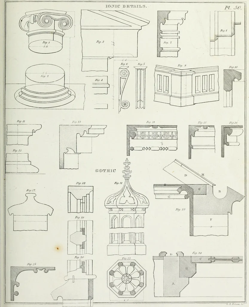 An illustration from The modern architect, or, Every carpenter his own master : embracing plans, elevations, specifications, framing, etc., for private houses, classic dwellings, churches, &c., to which added the new system of stair-building, 1855, leaf 236