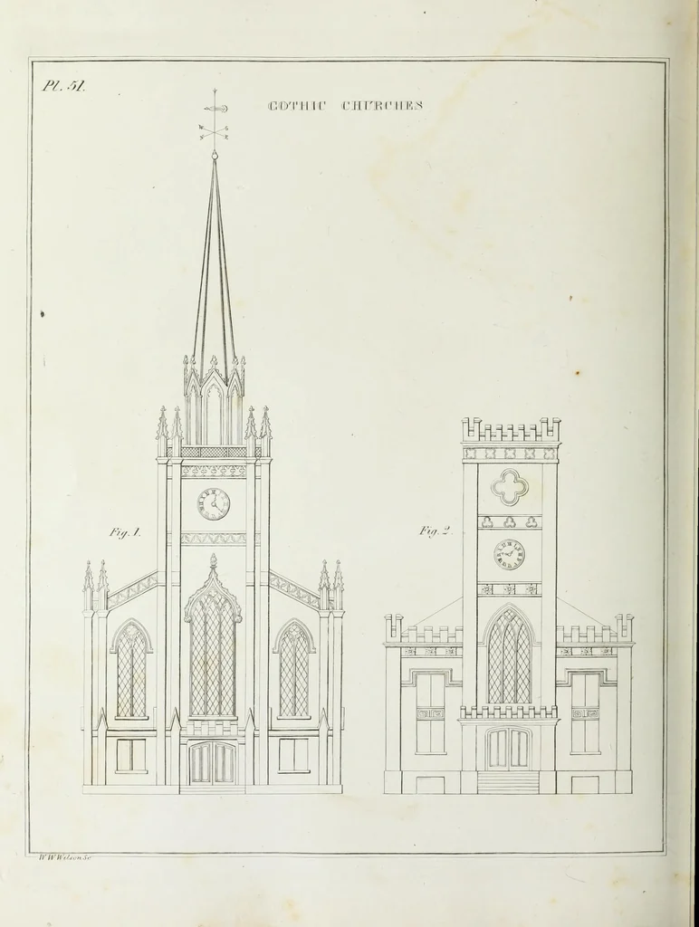 An illustration from The modern architect, or, Every carpenter his own master : embracing plans, elevations, specifications, framing, etc., for private houses, classic dwellings, churches, &c., to which added the new system of stair-building, 1855, leaf 239