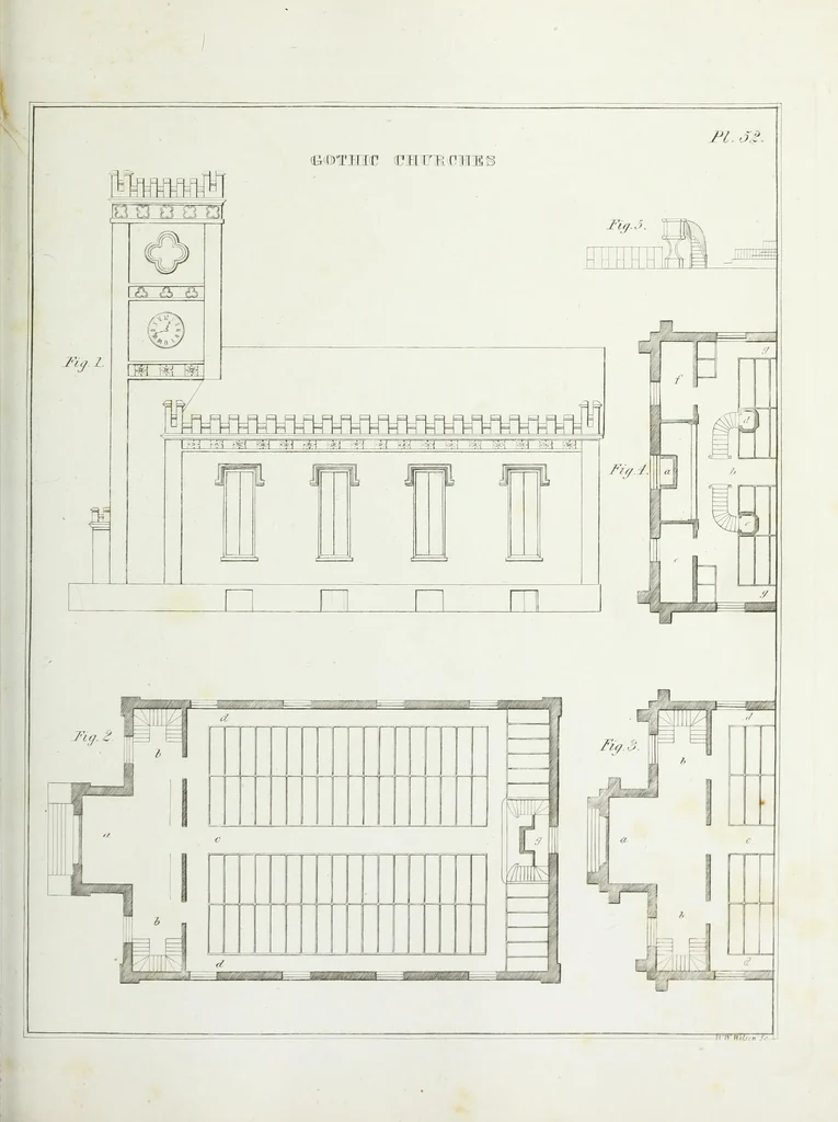 An illustration from The modern architect, or, Every carpenter his own master : embracing plans, elevations, specifications, framing, etc., for private houses, classic dwellings, churches, &c., to which added the new system of stair-building, 1855, leaf 240