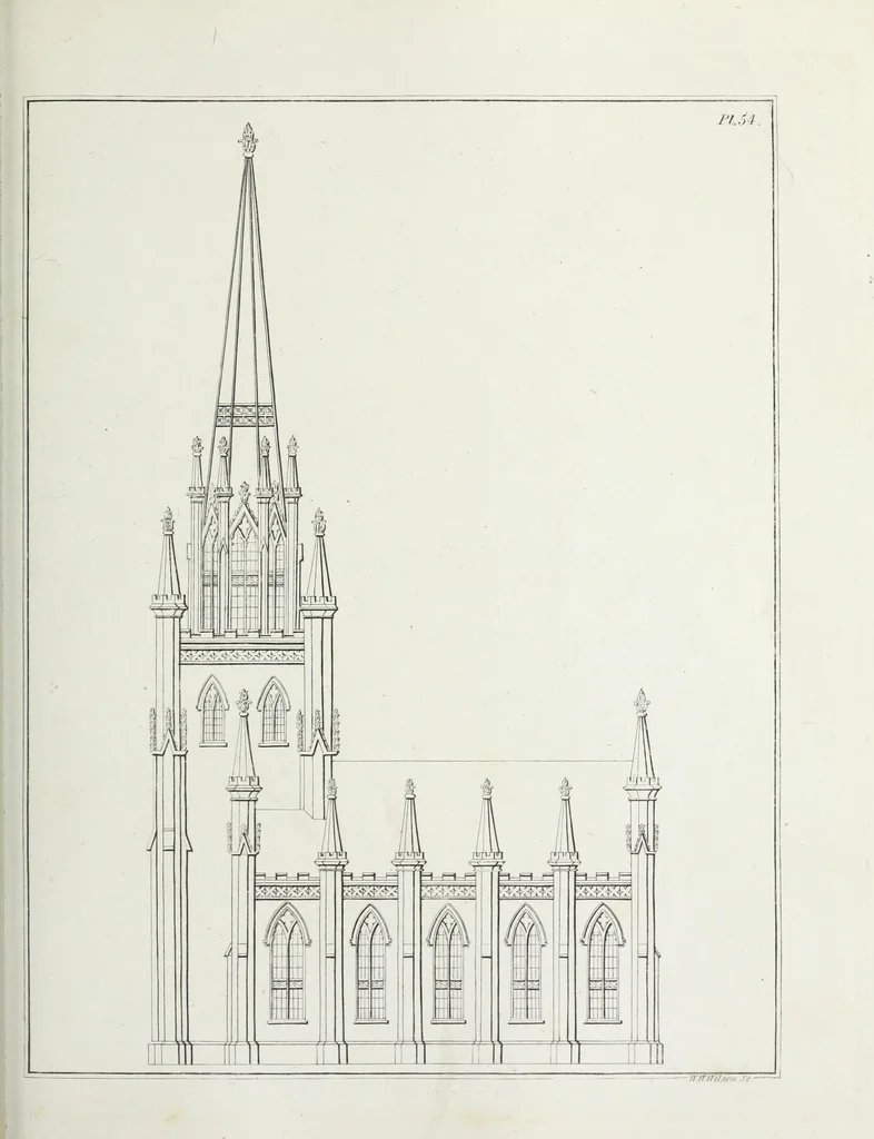 An illustration from The modern architect, or, Every carpenter his own master : embracing plans, elevations, specifications, framing, etc., for private houses, classic dwellings, churches, &c., to which added the new system of stair-building, 1855, leaf 244