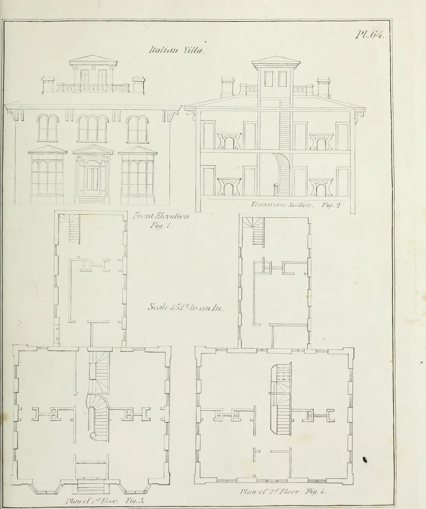An illustration from The modern architect, or, Every carpenter his own master : embracing plans, elevations, specifications, framing, etc., for private houses, classic dwellings, churches, &c., to which added the new system of stair-building, 1855, leaf 264