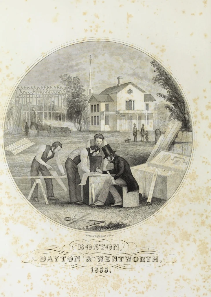 An illustration from The modern architect, or, Every carpenter his own master : embracing plans, elevations, specifications, framing, etc., for private houses, classic dwellings, churches, &c., to which added the new system of stair-building, 1855, leaf 9