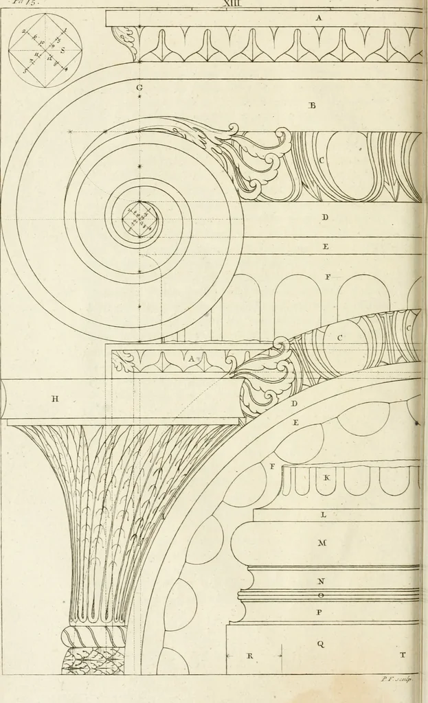 An illustration from The modern builder's assistant, or, A concise epitome of the whole system of architecture : in which the various branches of that excellent study are establish'd on the most familiar principles and rendered adequate to every capacity ..., 1757, leaf 47