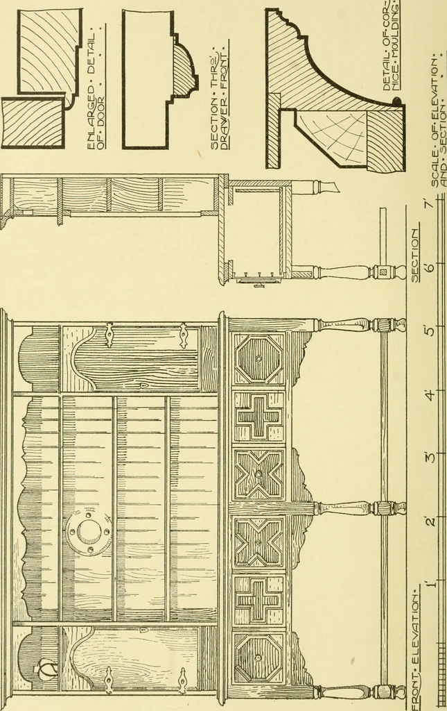 An illustration from Modern cabinet work, furniture & fitments; an account of the theory & practice in the production of all kinds of cabinet work & furniture with chapters on the growth and progress of design and construction; illustrated by over 1000 practical workshop drawings, photographs & original designs, 1922, leaf 163