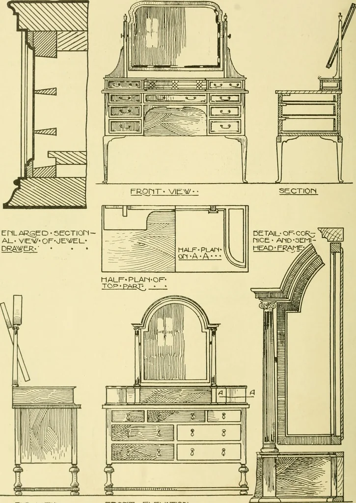 An illustration from Modern cabinet work, furniture & fitments; an account of the theory & practice in the production of all kinds of cabinet work & furniture with chapters on the growth and progress of design and construction; illustrated by over 1000 practical workshop drawings, photographs & original designs, 1922, leaf 179