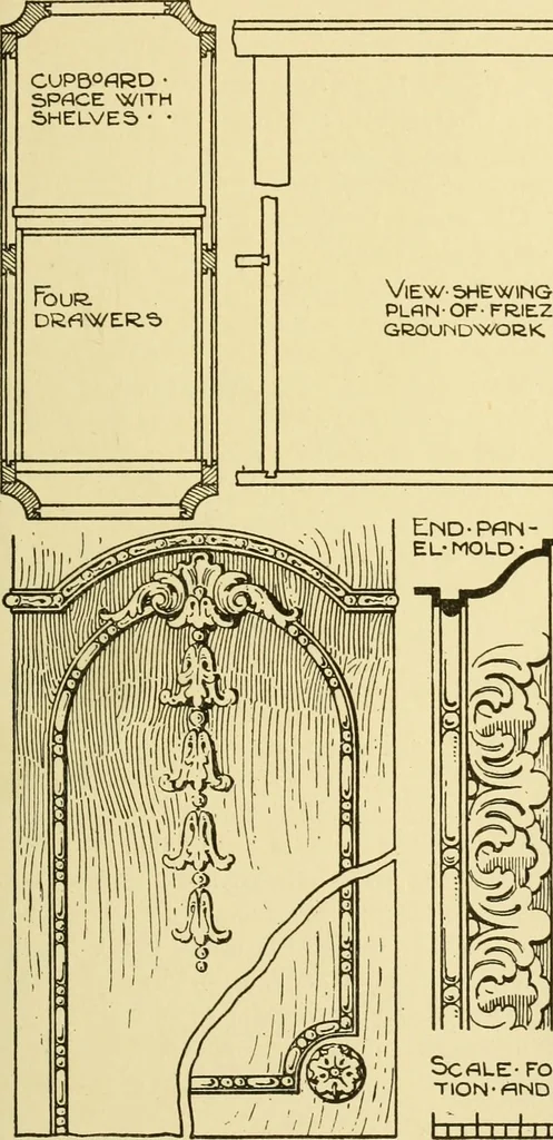 An illustration from Modern cabinet work, furniture & fitments; an account of the theory & practice in the production of all kinds of cabinet work & furniture with chapters on the growth and progress of design and construction; illustrated by over 1000 practical workshop drawings, photographs & original designs, 1922, leaf 186