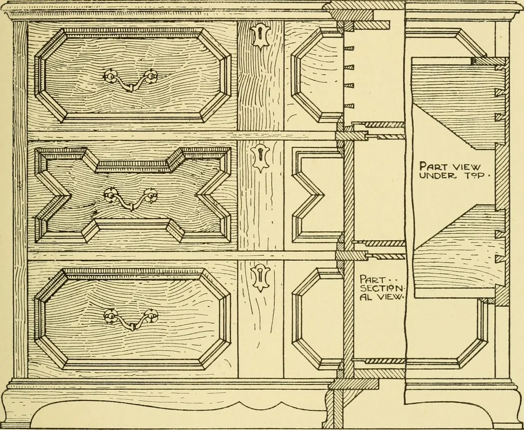 An illustration from Modern cabinet work, furniture & fitments; an account of the theory & practice in the production of all kinds of cabinet work & furniture with chapters on the growth and progress of design and construction; illustrated by over 1000 practical workshop drawings, photographs & original designs, 1922, leaf 208