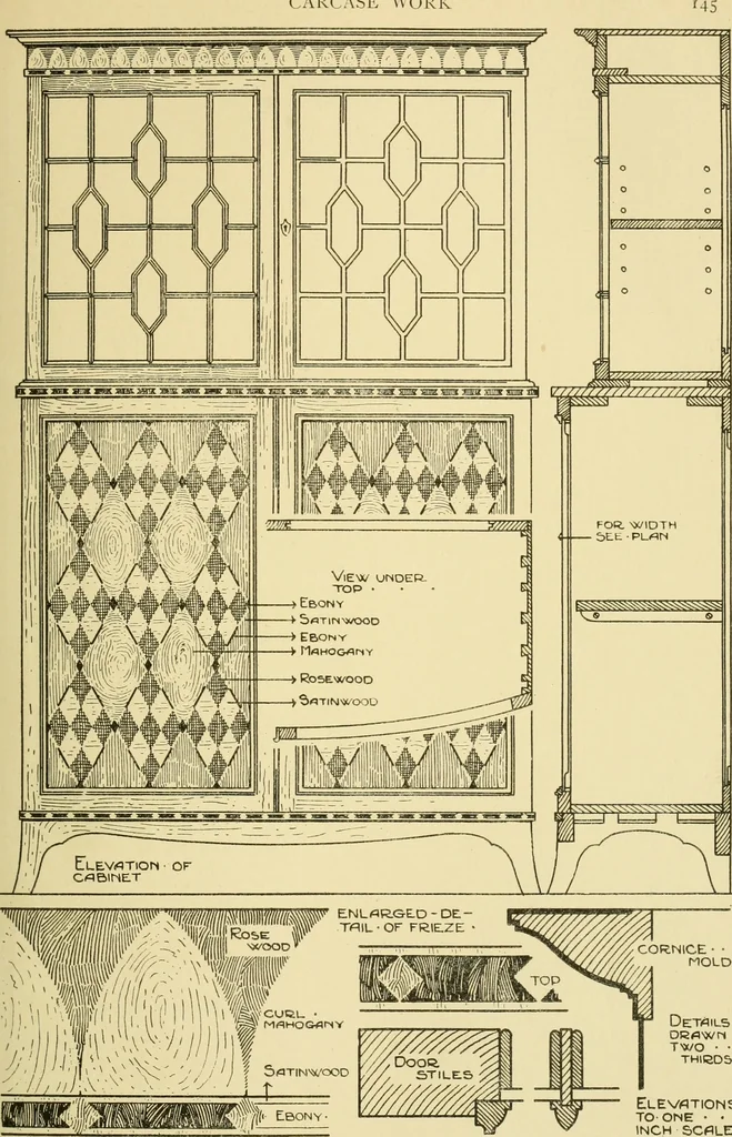 An illustration from Modern cabinet work, furniture & fitments; an account of the theory & practice in the production of all kinds of cabinet work & furniture with chapters on the growth and progress of design and construction; illustrated by over 1000 practical workshop drawings, photographs & original designs, 1922, leaf 212