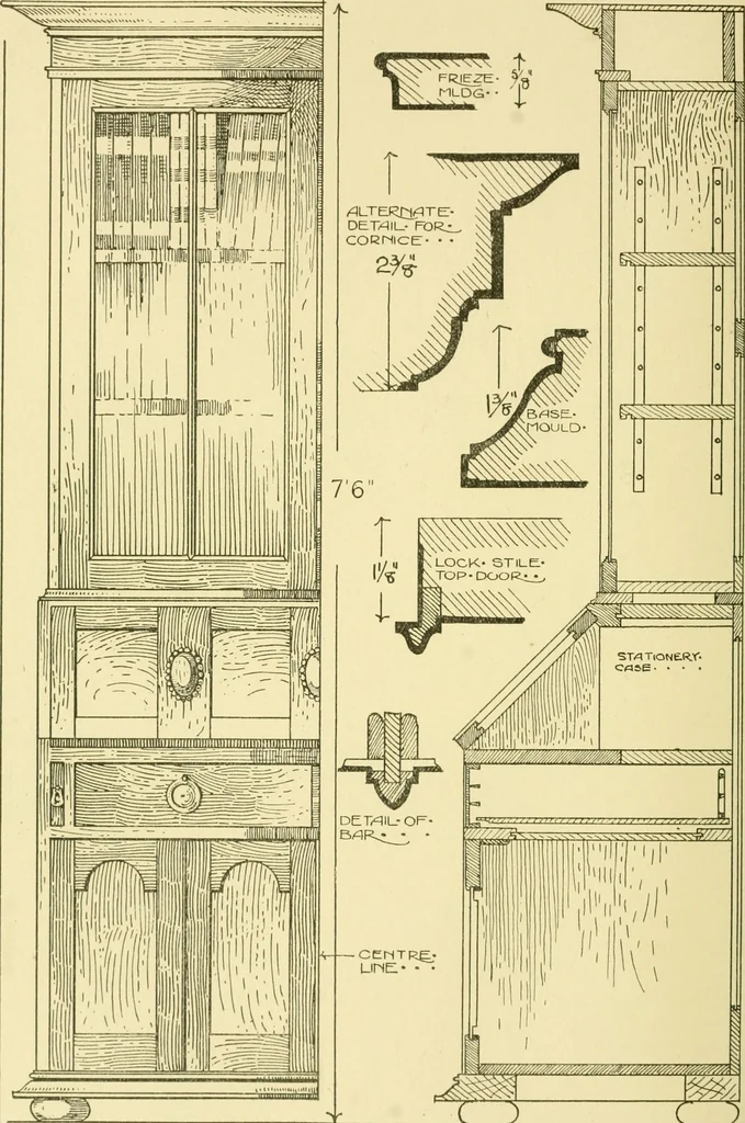 An illustration from Modern cabinet work, furniture & fitments; an account of the theory & practice in the production of all kinds of cabinet work & furniture with chapters on the growth and progress of design and construction; illustrated by over 1000 practical workshop drawings, photographs & original designs, 1922, leaf 213