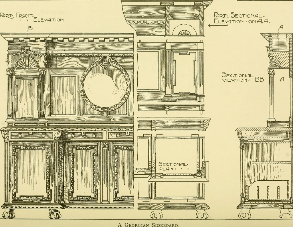 An illustration from Modern cabinet work, furniture & fitments; an account of the theory & practice in the production of all kinds of cabinet work & furniture with chapters on the growth and progress of design and construction; illustrated by over 1000 practical workshop drawings, photographs & original designs, 1922, leaf 217