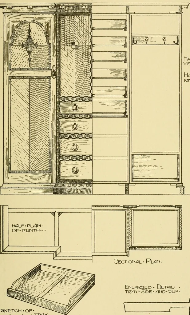 An illustration from Modern cabinet work, furniture & fitments; an account of the theory & practice in the production of all kinds of cabinet work & furniture with chapters on the growth and progress of design and construction; illustrated by over 1000 practical workshop drawings, photographs & original designs, 1922, leaf 224
