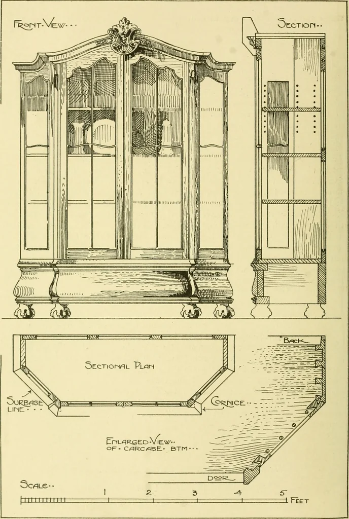 An illustration from Modern cabinet work, furniture & fitments; an account of the theory & practice in the production of all kinds of cabinet work & furniture with chapters on the growth and progress of design and construction; illustrated by over 1000 practical workshop drawings, photographs & original designs, 1922, leaf 233