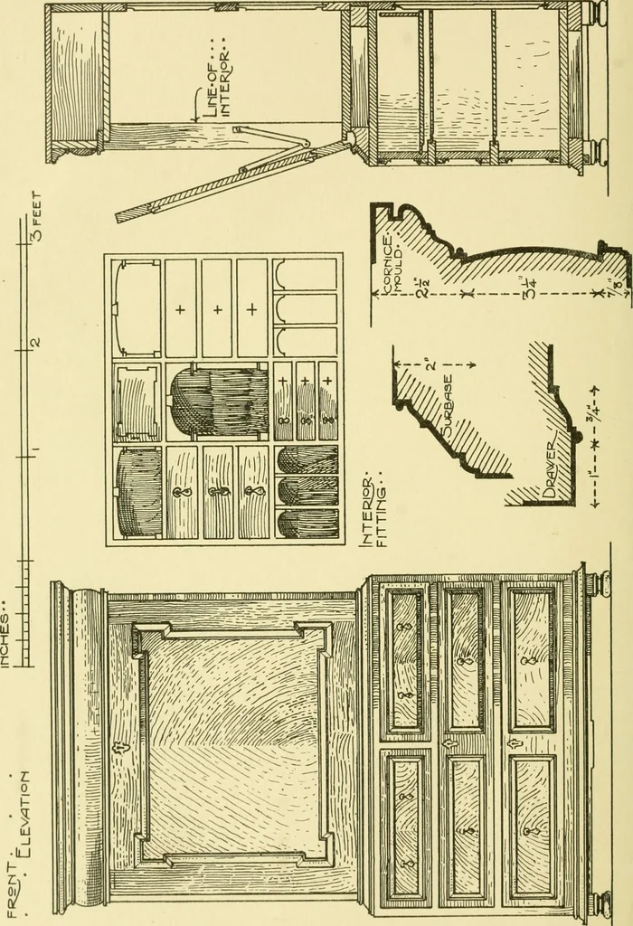 An illustration from Modern cabinet work, furniture & fitments; an account of the theory & practice in the production of all kinds of cabinet work & furniture with chapters on the growth and progress of design and construction; illustrated by over 1000 practical workshop drawings, photographs & original designs, 1922, leaf 241
