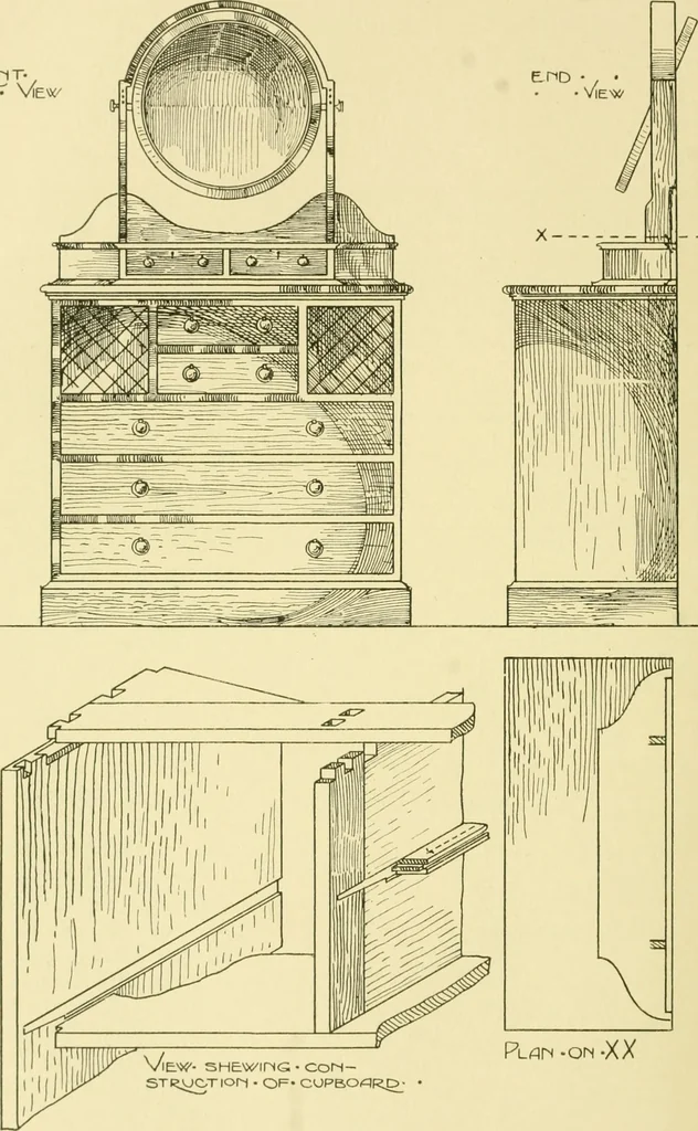 An illustration from Modern cabinet work, furniture & fitments; an account of the theory & practice in the production of all kinds of cabinet work & furniture with chapters on the growth and progress of design and construction; illustrated by over 1000 practical workshop drawings, photographs & original designs, 1922, leaf 245