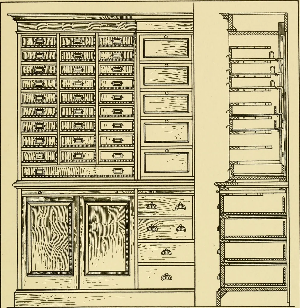 An illustration from Modern cabinet work, furniture & fitments; an account of the theory & practice in the production of all kinds of cabinet work & furniture with chapters on the growth and progress of design and construction; illustrated by over 1000 practical workshop drawings, photographs & original designs, 1922, leaf 404