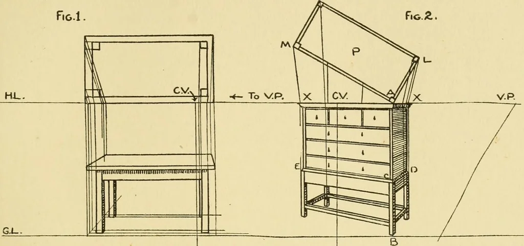 An illustration from Modern cabinet work, furniture & fitments; an account of the theory & practice in the production of all kinds of cabinet work & furniture with chapters on the growth and progress of design and construction; illustrated by over 1000 practical workshop drawings, photographs & original designs, 1922, leaf 56