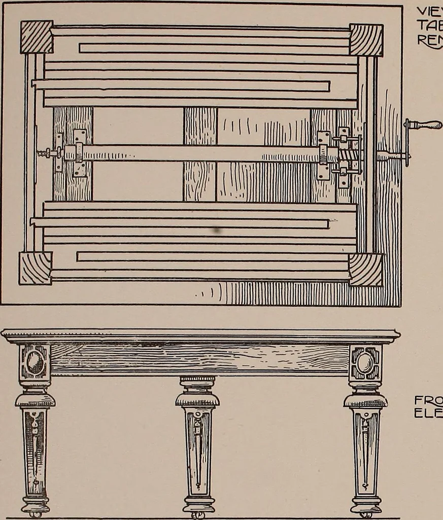 An illustration from Modern cabinetwork, furniture & fitments; an account of the theory & practice in the production of all kinds of cabinetwork & furniture, with chapters on the growth and progress of design and construction;, 1910, leaf 150
