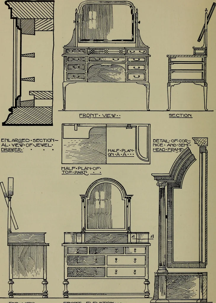 An illustration from Modern cabinetwork, furniture & fitments; an account of the theory & practice in the production of all kinds of cabinetwork & furniture, with chapters on the growth and progress of design and construction;, 1910, leaf 179