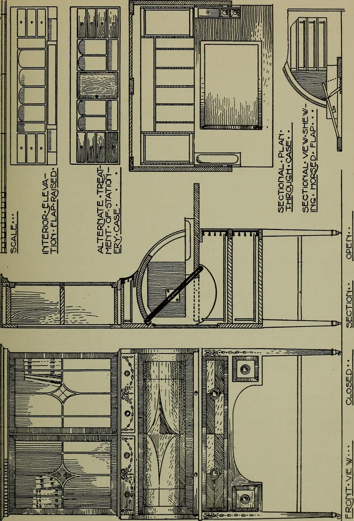An illustration from Modern cabinetwork, furniture & fitments; an account of the theory & practice in the production of all kinds of cabinetwork & furniture, with chapters on the growth and progress of design and construction;, 1910, leaf 180