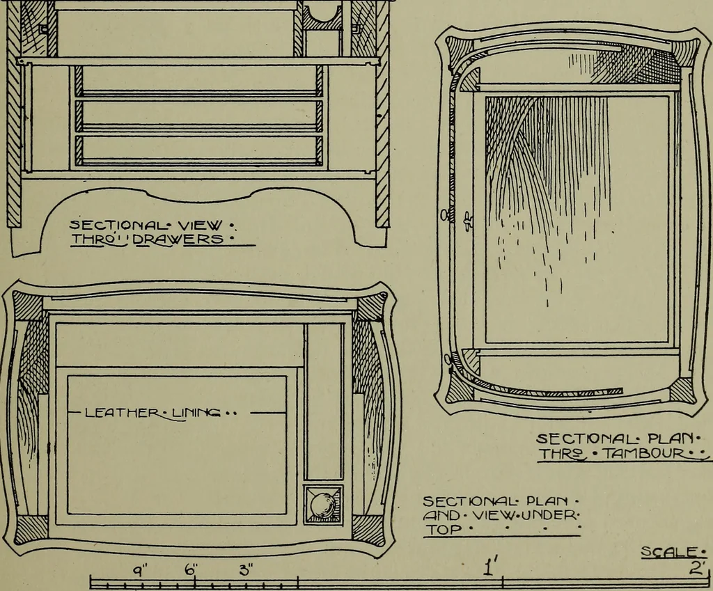 An illustration from Modern cabinetwork, furniture & fitments; an account of the theory & practice in the production of all kinds of cabinetwork & furniture, with chapters on the growth and progress of design and construction;, 1910, leaf 184