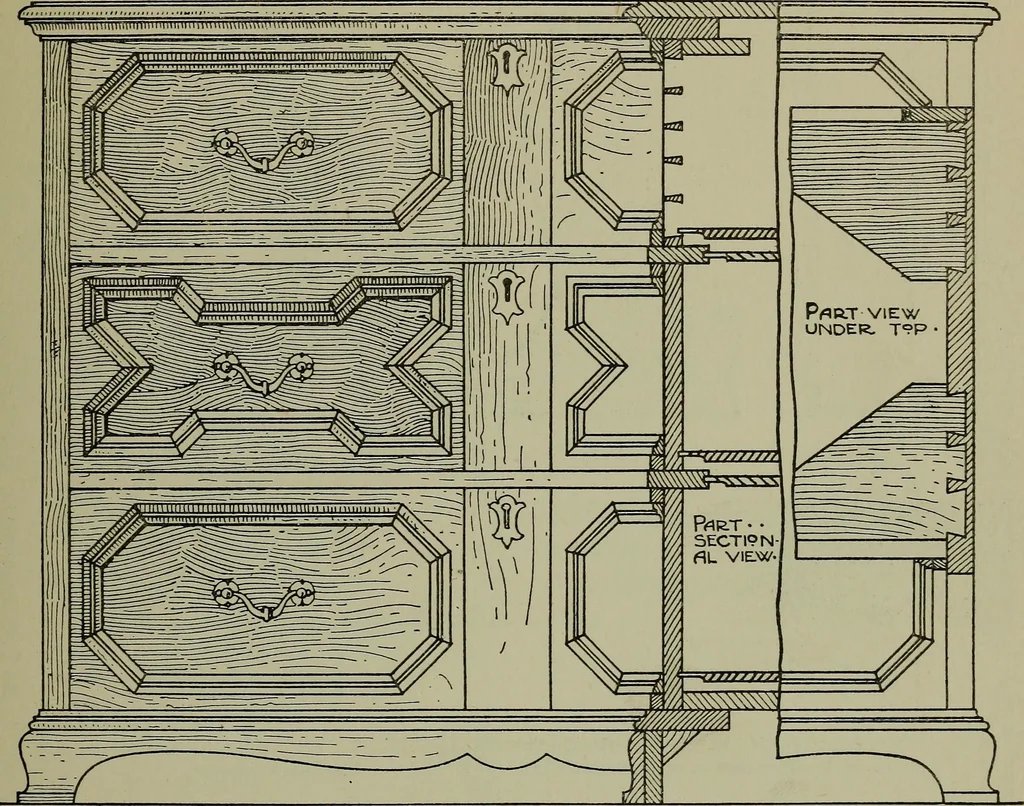 An illustration from Modern cabinetwork, furniture & fitments; an account of the theory & practice in the production of all kinds of cabinetwork & furniture, with chapters on the growth and progress of design and construction;, 1910, leaf 208