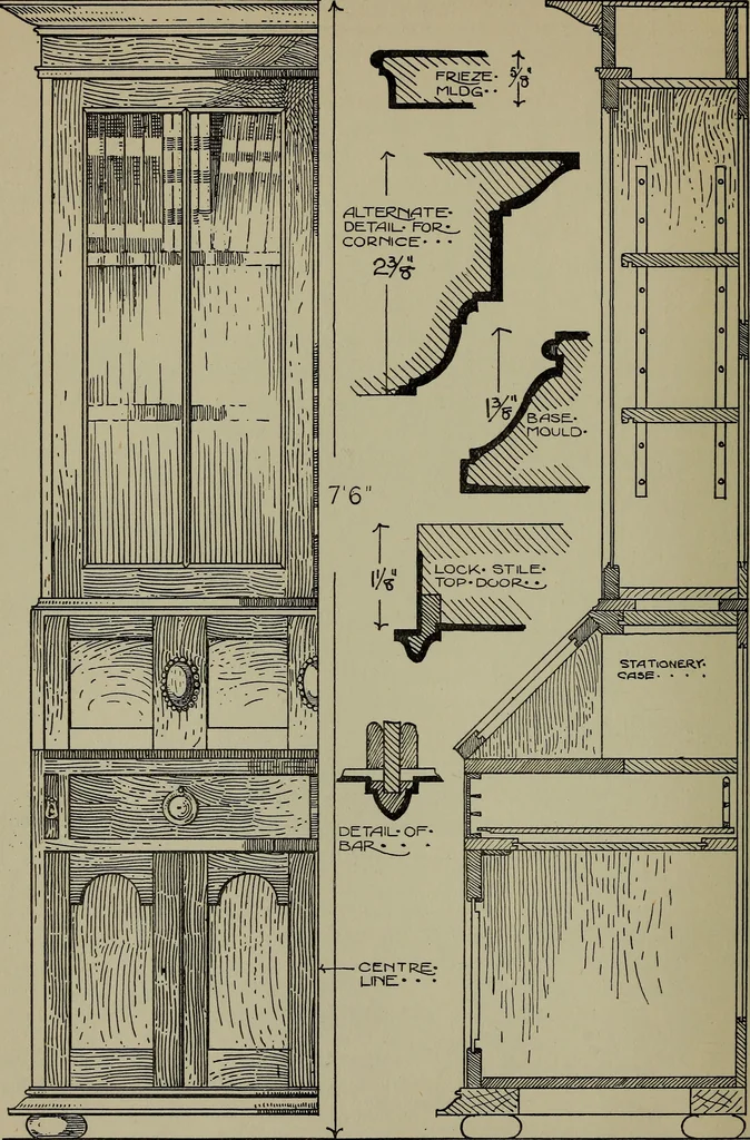 An illustration from Modern cabinetwork, furniture & fitments; an account of the theory & practice in the production of all kinds of cabinetwork & furniture, with chapters on the growth and progress of design and construction;, 1910, leaf 213