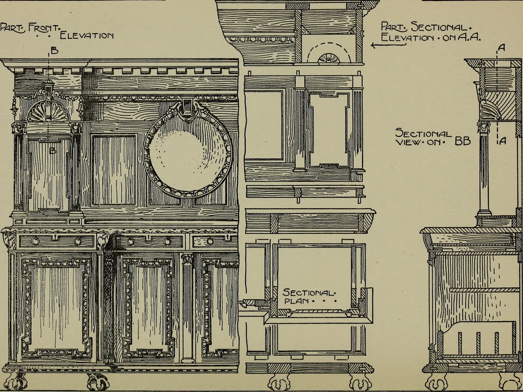 An illustration from Modern cabinetwork, furniture & fitments; an account of the theory & practice in the production of all kinds of cabinetwork & furniture, with chapters on the growth and progress of design and construction;, 1910, leaf 217