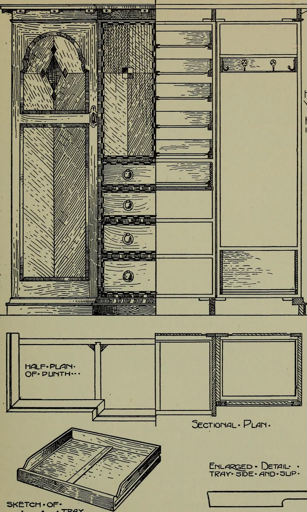 An illustration from Modern cabinetwork, furniture & fitments; an account of the theory & practice in the production of all kinds of cabinetwork & furniture, with chapters on the growth and progress of design and construction;, 1910, leaf 222