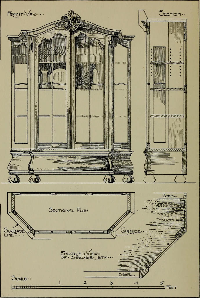 An illustration from Modern cabinetwork, furniture & fitments; an account of the theory & practice in the production of all kinds of cabinetwork & furniture, with chapters on the growth and progress of design and construction;, 1910, leaf 231