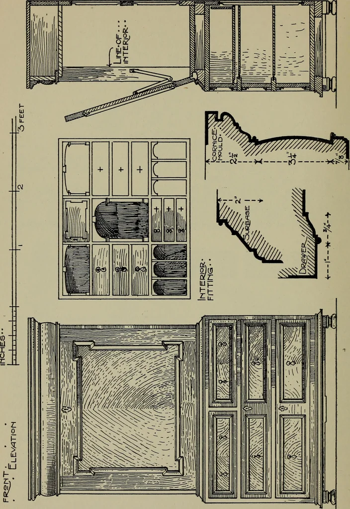 An illustration from Modern cabinetwork, furniture & fitments; an account of the theory & practice in the production of all kinds of cabinetwork & furniture, with chapters on the growth and progress of design and construction;, 1910, leaf 237