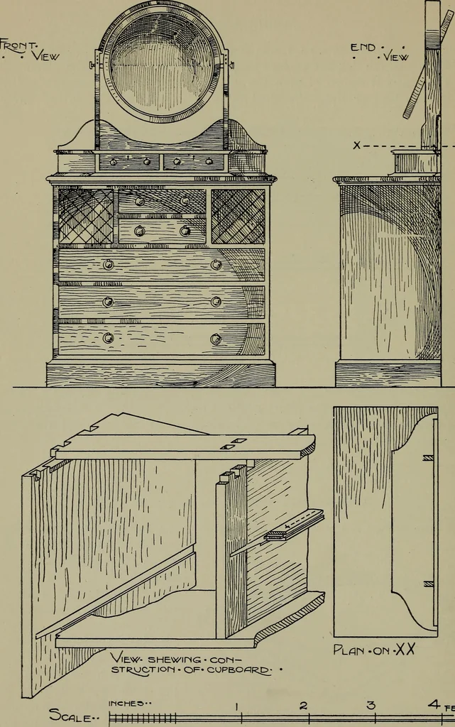 An illustration from Modern cabinetwork, furniture & fitments; an account of the theory & practice in the production of all kinds of cabinetwork & furniture, with chapters on the growth and progress of design and construction;, 1910, leaf 241