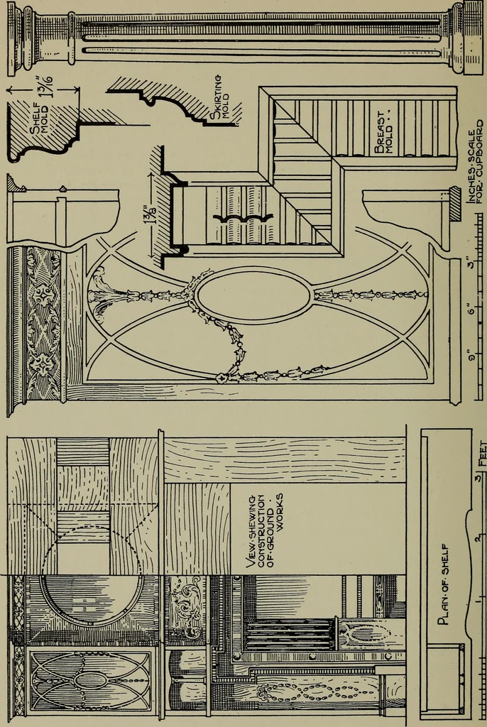 An illustration from Modern cabinetwork, furniture & fitments; an account of the theory & practice in the production of all kinds of cabinetwork & furniture, with chapters on the growth and progress of design and construction;, 1910, leaf 385