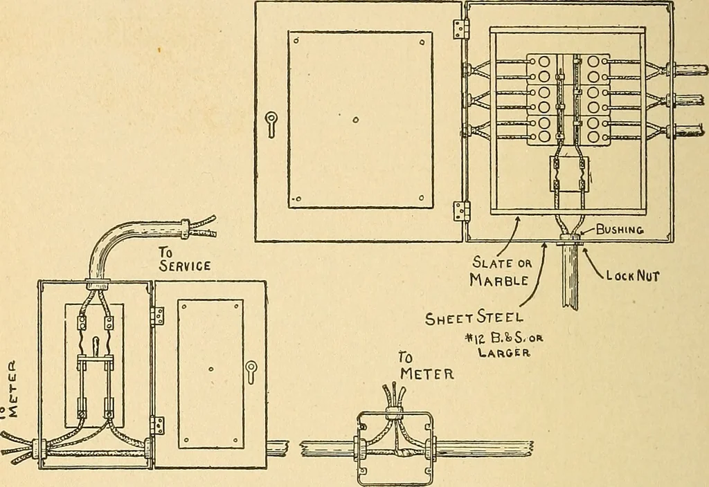 An illustration from Modern electrical construction; a reliable, practical guide for the beginner in electrical construction, showing the latest approved methods of installing work of all kinds according to the safety rules of the National board of fire underwriters, 1905, leaf 153