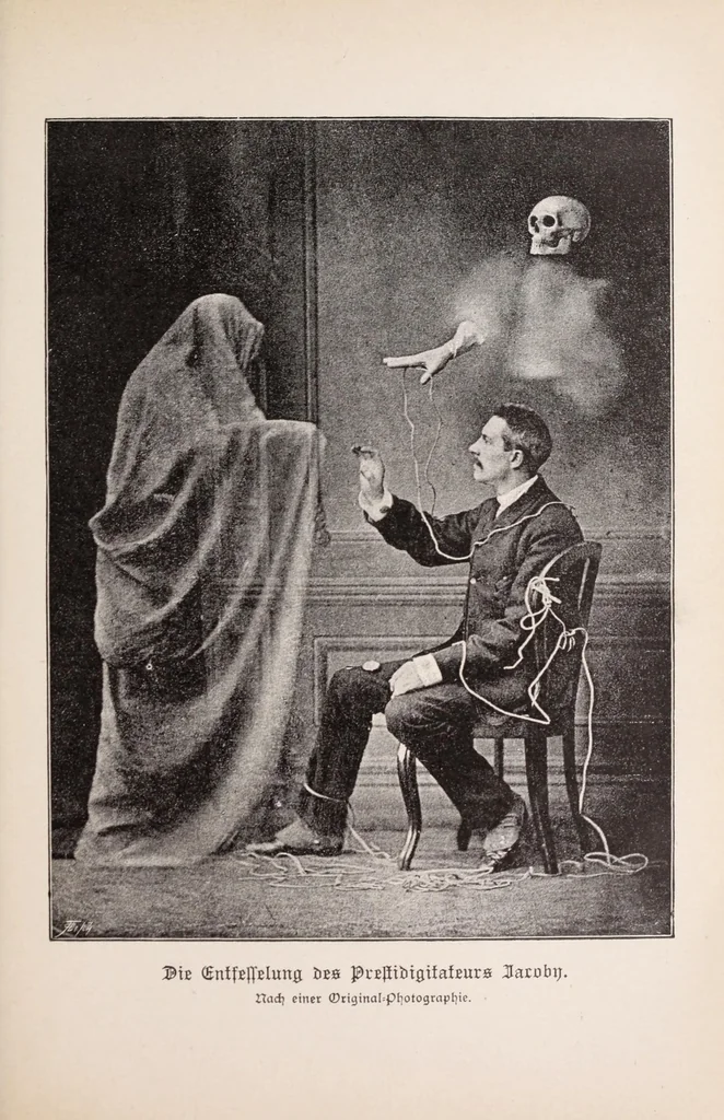 An illustration from Moderne Wunder : natürliche Erklärung der neueren und älteren Geheimnisse der Spiritisten und Antispiritisten, Geistercitierer, Hellseher, Gedankenleser, Heilmedien, Mnemotechniker, Rechenkünstler : sowie der neueren sensationellen Wunder und Darstellungen aus dem Gebiete der Optik, Physik und Mechanik, 1897, leaf 103