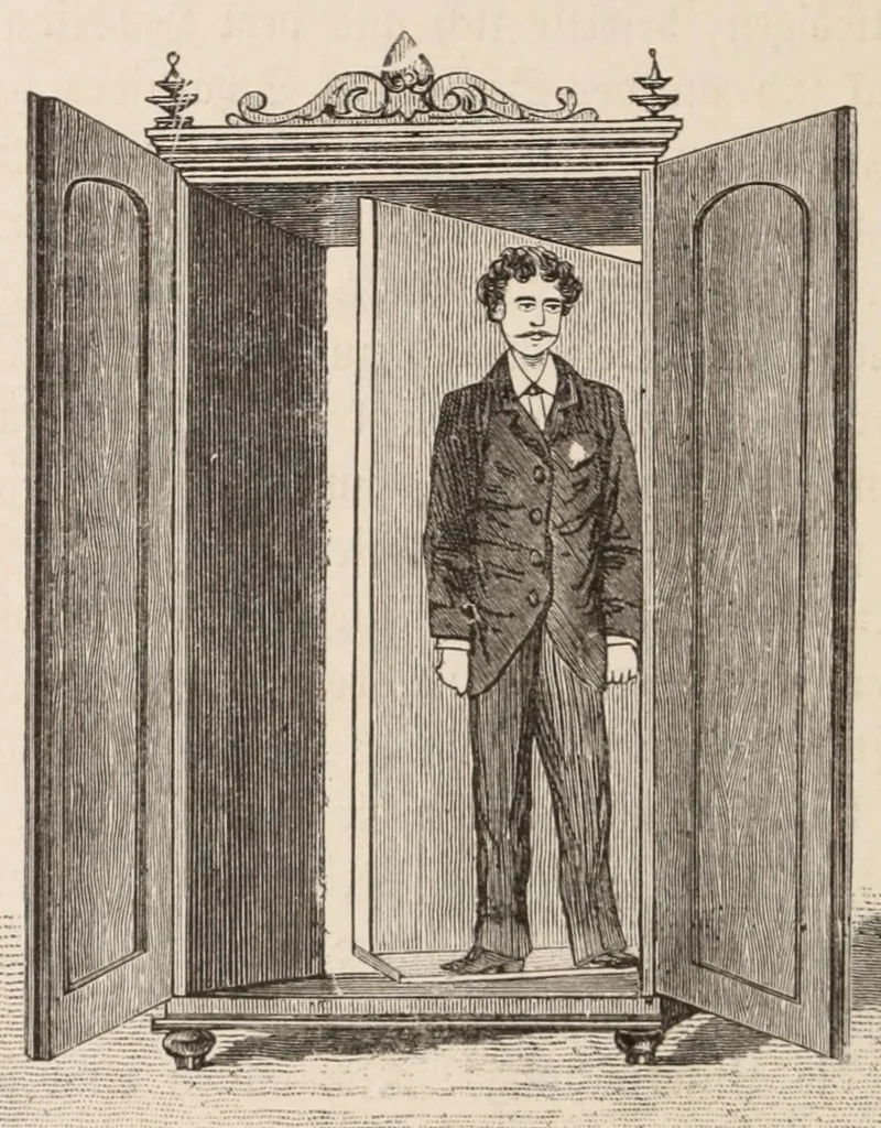 An illustration from Moderne Wunder : natürliche Erklärung der neueren und älteren Geheimnisse der Spiritisten und Antispiritisten, Geistercitierer, Hellseher, Gedankenleser, Heilmedien, Mnemotechniker, Rechenkünstler : sowie der neueren sensationellen Wunder und Darstellungen aus dem Gebiete der Optik, Physik und Mechanik, 1897, leaf 122