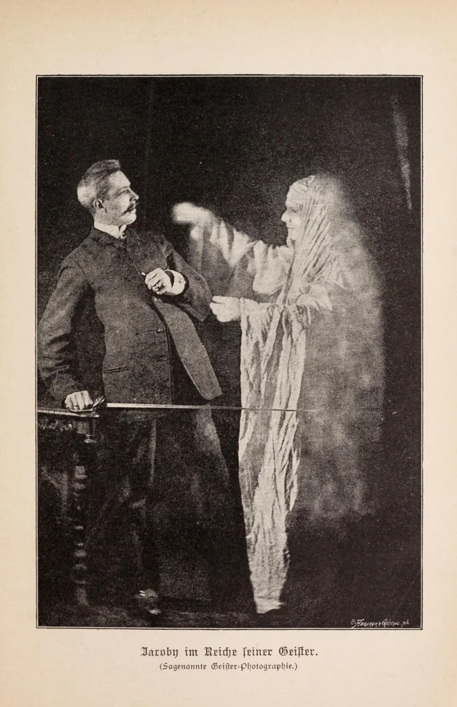 An illustration from Moderne Wunder : natürliche Erklärung der neueren und älteren Geheimnisse der Spiritisten und Antispiritisten, Geistercitierer, Hellseher, Gedankenleser, Heilmedien, Mnemotechniker, Rechenkünstler : sowie der neueren sensationellen Wunder und Darstellungen aus dem Gebiete der Optik, Physik und Mechanik, 1897, leaf 321