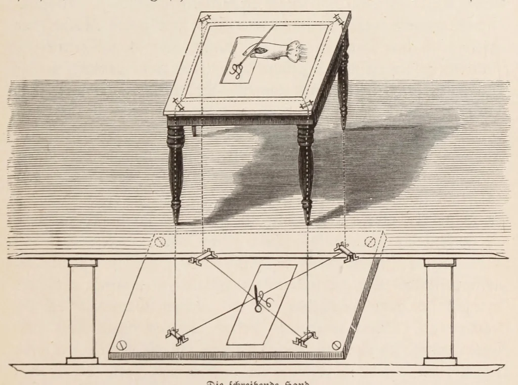 An illustration from Moderne Wunder : natürliche Erklärung der neueren und älteren Geheimnisse der Spiritisten und Antispiritisten, Geistercitierer, Hellseher, Gedankenleser, Heilmedien, Mnemotechniker, Rechenkünstler : sowie der neueren sensationellen Wunder und Darstellungen aus dem Gebiete der Optik, Physik und Mechanik, 1897, leaf 333