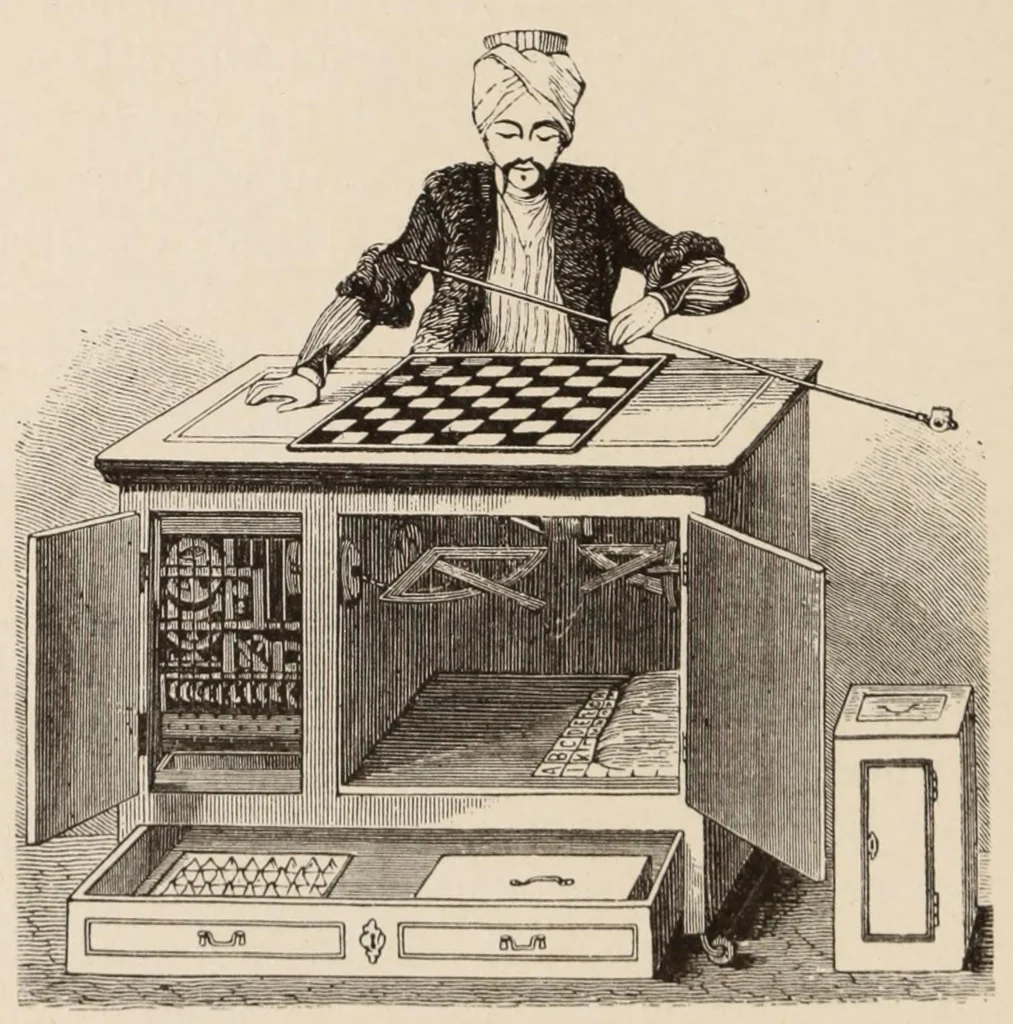 An illustration from Moderne Wunder : natürliche Erklärung der neueren und älteren Geheimnisse der Spiritisten und Antispiritisten, Geistercitierer, Hellseher, Gedankenleser, Heilmedien, Mnemotechniker, Rechenkünstler : sowie der neueren sensationellen Wunder und Darstellungen aus dem Gebiete der Optik, Physik und Mechanik, 1897, leaf 342