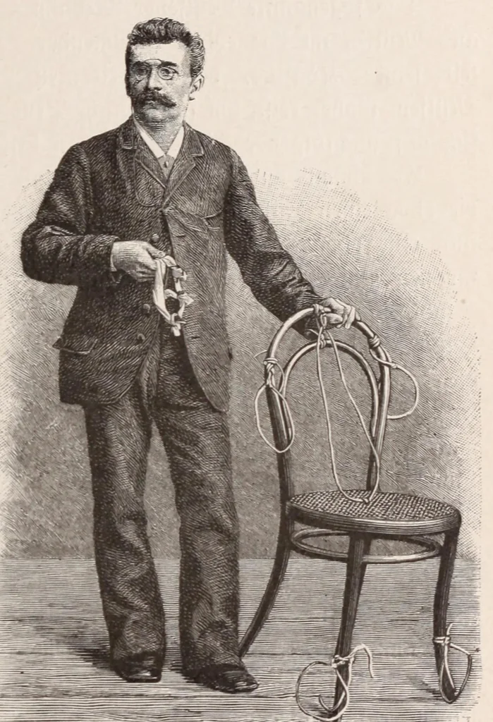 An illustration from Moderne Wunder : natürliche Erklärung der neueren und älteren Geheimnisse der Spiritisten und Antispiritisten, Geistercitierer, Hellseher, Gedankenleser, Heilmedien, Mnemotechniker, Rechenkünstler : sowie der neueren sensationellen Wunder und Darstellungen aus dem Gebiete der Optik, Physik und Mechanik, 1897, leaf 87