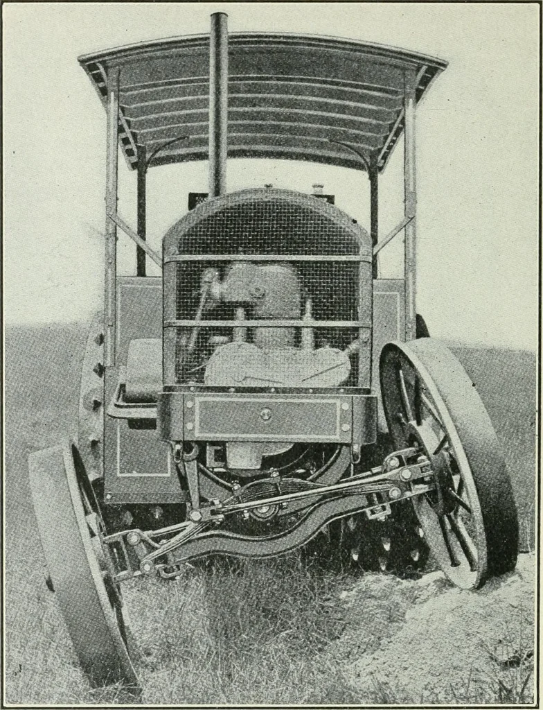 An illustration from The modern gas tractor, its construction, utility, operation and repair: a practical treatise defining every branch of up-to-date gas tractor engineering, driving and maintenance in a non-technical manner. Considers fully all types of power plants and their components, methods of drive and speed changing mechanisms. Describes design and construction as well as practical application of tractors in the field, 1919, leaf 299