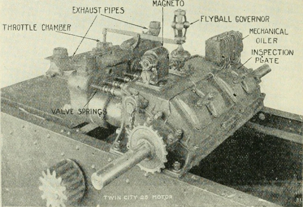 An illustration from The modern gas tractor, its construction, utility, operation and repair: a practical treatise defining every branch of up-to-date gas tractor engineering, driving and maintenance in a non-technical manner. Considers fully all types of power plants and their components, methods of drive and speed changing mechanisms. Describes design and construction as well as practical application of tractors in the field, 1919, leaf 379