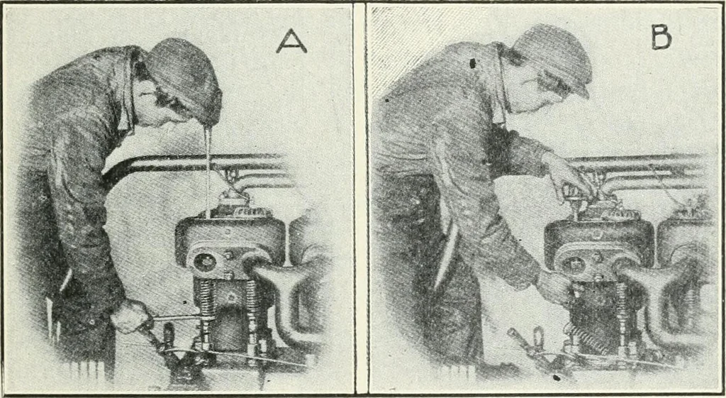 An illustration from The modern gas tractor, its construction, utility, operation and repair: a practical treatise defining every branch of up-to-date gas tractor engineering, driving and maintenance in a non-technical manner. Considers fully all types of power plants and their components, methods of drive and speed changing mechanisms. Describes design and construction as well as practical application of tractors in the field, 1919, leaf 384