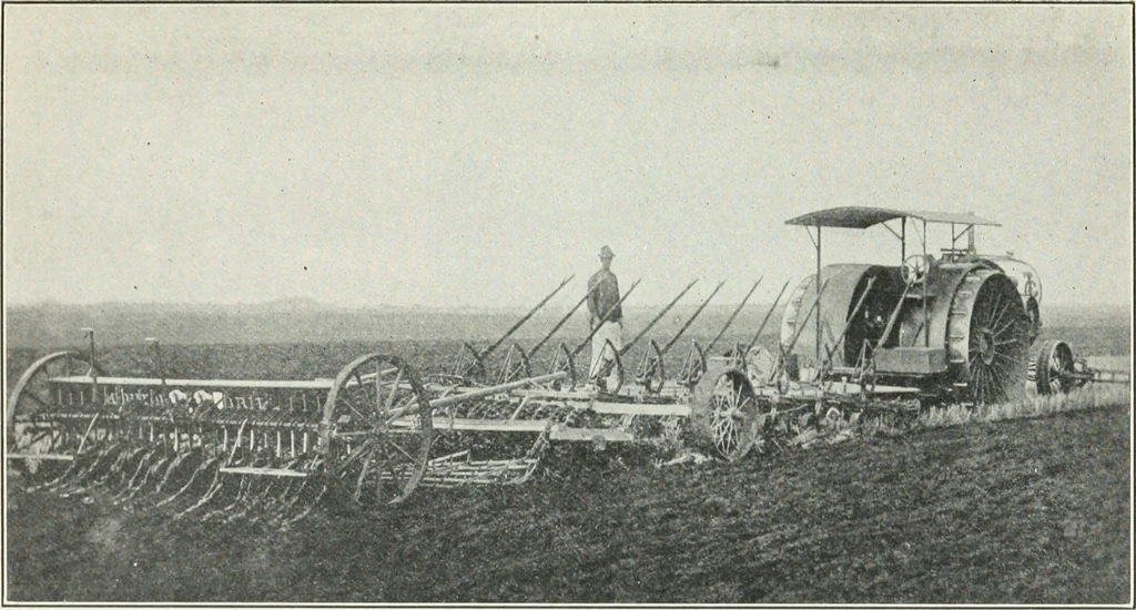 An illustration from The modern gas tractor, its construction, utility, operation and repair: a practical treatise defining every branch of up-to-date gas tractor engineering, driving and maintenance in a non-technical manner. Considers fully all types of power plants and their components, methods of drive and speed changing mechanisms. Describes design and construction as well as practical application of tractors in the field, 1919, leaf 414